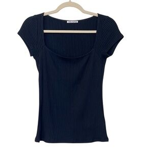 Reformation Bardot Square Neck Ribbed Knit Short Sleeve Top Black Small Modern